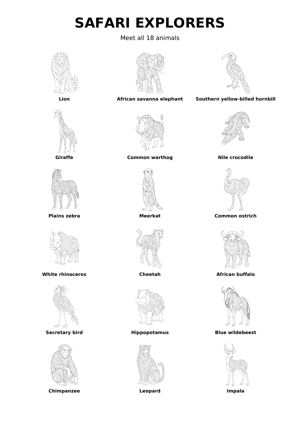 Meet the Safari overview showing all 18 animals