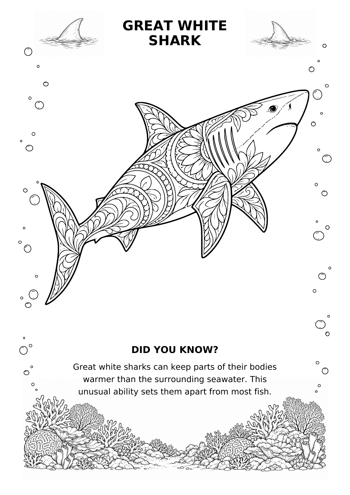 Great white shark mandala colouring page preview